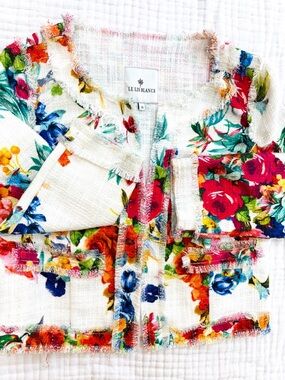 Le Lis Blanc Floral Tweed Fringe Jacket White Multicolor Crop Blazer 36